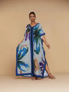 Bohemian 3D printed long kaftan dress for women, loose vacation beach maxi dress with V-neck.