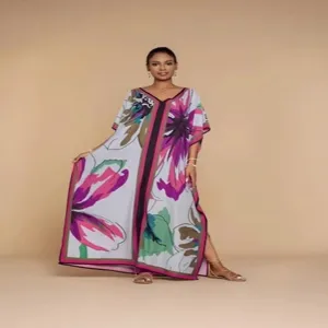 Ethnic style 3D floral print loose long dress vacation beach cover up caftan for women