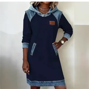Detail view of casual women's spliced denim hoodie dress with long sleeves and stylish pocket design.