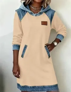 Casual women's patchwork denim long sleeve hooded dress for daily autumn fashion.