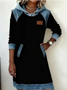 Women Patchwork Denim Hooded Dress Long Sleeve Casual Loose Sweatshirt Dress Polyester Midi A-Line Pullover Hooded Dress For Autumn