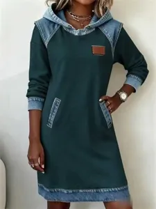 Casual long sleeve hooded patchwork denim dress for women, stylish autumn loose wear.