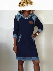 Women Denim Spliced Hoodie Dress Long Sleeve Casual Sweatshirt Dress Autumn Style