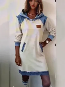 Women denim spliced hooded sweatshirt dress casual long sleeve loose midi dress autumn fashion