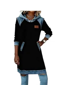 Women casual denim spliced hooded long sleeve dress autumn fashion daily wear clothing