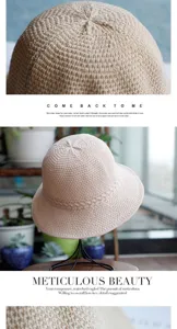 Knitted bucket hat detail showcasing fine weaving texture, beige sun hat close-up shot.