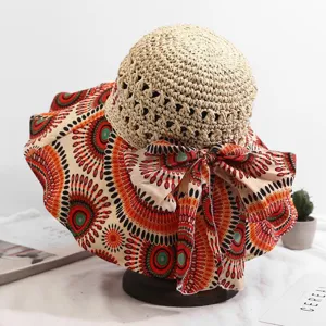 Chapeau de Soleil en Paille à Grand Bord pour Femmes Patchwork Imprimé Floral Géométrique Chapeau Protection Solaire Plage Été Avec Grand Nœud