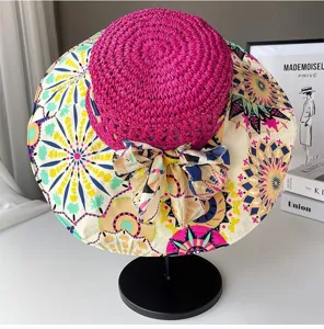 Femme Ete Chapeau de Soleil Boheme Paille Large Bord Imprime Plage Protection UV Mode