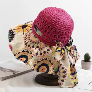 Chapeau de soleil d'été pour femme à large bord avec nœud imprimé floral, chapeau de plage.