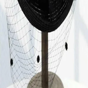 Black mesh hat detail showcasing elegant sheer veil fabric and delicate decorative dots.