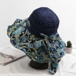 Chapeau de soleil élégant pour femme grand bord motif cachemire nœud pour plage été UV