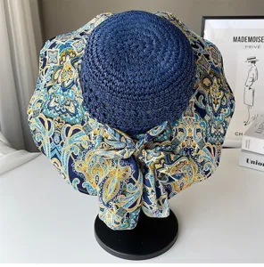 Chapeau de soleil femme boheme couronne paille avec tissu imprime bord vue detail