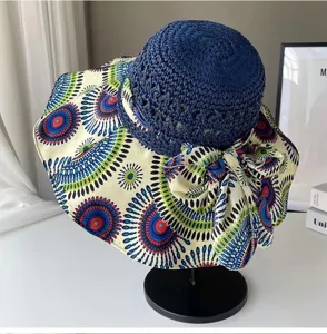 Chapeau de soleil à imprimé floral bohème pour femme été paille grand bord plage