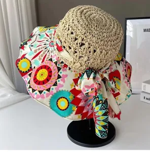 Chapeau de paille bohème à bord imprimé floral et ruban, chapeau de plage d'été pour femme.