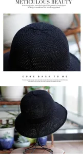 Detail view of korean style knitted bucket hat, breathable sun protection basin cap for women.