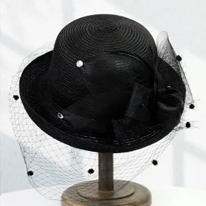 Women Elegant Black Dome Mesh Fedora Hat Vintage Veil Bowknot Sun Hat Summer Beach