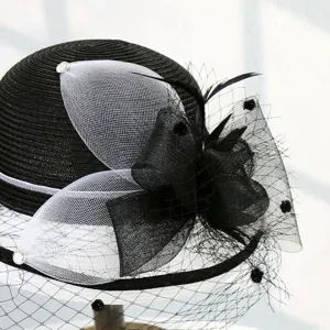 Elegant black and white women dome hat with mesh bow feathers classy sun protection basin cap