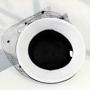 Elegant black and white women sun hat with dotted mesh veil chic summer bowler sunshade