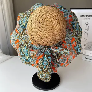 Chapeau de soleil bohème paisley pour femme, chapeau de paille à large bord pour vacances d'été.