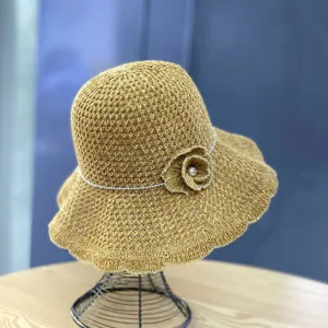 Women Sun Hat Hollow Out Woven Bucket Hat Wide Brim Sun Protection Breathable Beach Cap With Flower Rhinestone Artificial Pearl Minimalist Hat