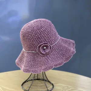 Women Summer Knitted Sun Hat Hollow Out Wide Brim Beach Hat With Floral Rhinestone Decor