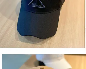 Classic black baseball cap with embroidered triangle detail, casual cotton curved brim hat.