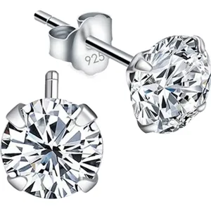 S925 Silber Ohrstecker für Damen, klassischer runder Solitär Zirkonia glänzendes Minimaldesign.