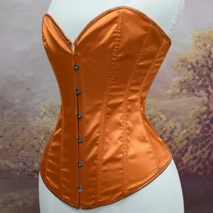Orange satin corset top, sexy strapless bustier with metal front closures and boning.