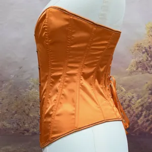 Orange satin overbust corset detail with structured boning and adjustable back lace-up.