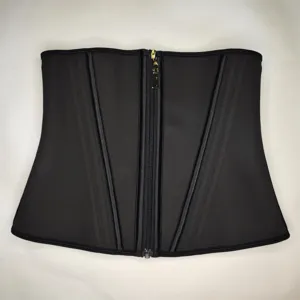 Black latex waist trainer detail showing front zipper closure and internal structural boning.