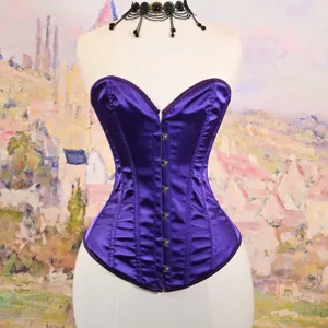 Purple satin corset top featuring push-up design, boned waist cincher and lace trim.