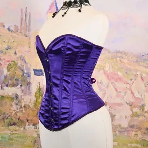 Purple satin corset bustier with boning and front busk closure for women shapewear apparel