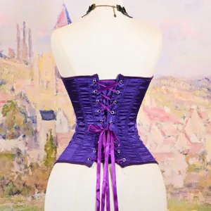 Purple satin lace-up corset top for women, back lacing shaping body shaper lingerie.