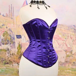 Purple satin corset top detail showing boning structure, front busk closure and lace choker.