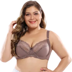 Women's Plus Size Lace Bra Full Cup Ultra-Thin Wired Minimizer Sexy Lingerie With Three-Row Back Hooks