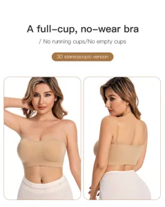 Detailed view of the seamless nude strapless padded tube top bra showcasing fit and support.