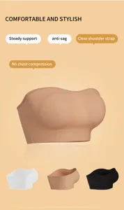 Strapless padded bandeau bra detail view, anti-slip silicone seamless wire-free design.