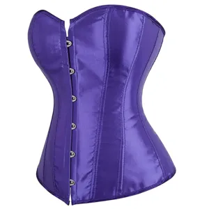 Detailed view of the purple satin corset featuring steel busk front closure and structured boning.