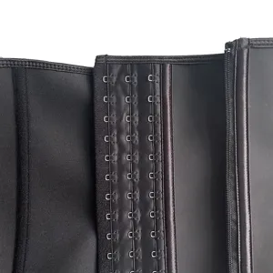 Latex waist trainer detail view, black shaping corset with hooks and zipper for women.