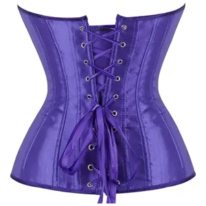 Purple satin corset waist cincher lace up boned bustier body shaper top for women.