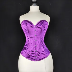 Purple satin corset detail showing front metal busk closure and heart-shaped neckline.