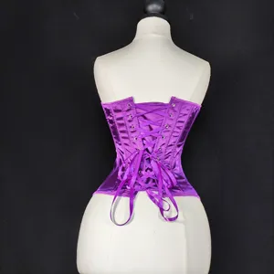 Detailed view of the purple satin lace-up corset back design, showcasing elegant ribbon lacing.