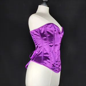 Purple satin corset bustier detail shot, sexy push-up boned waist cincher shaping top.