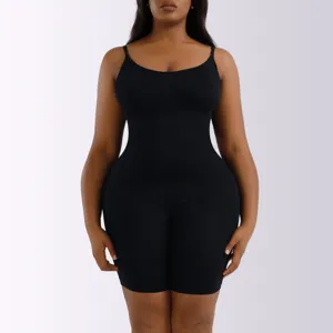 Plus size black seamless shapewear bodysuit detail, full body slimming waist trainer.