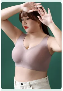 Plus size seamless comfort bra detail shot, soft fabric and wireless support design.
