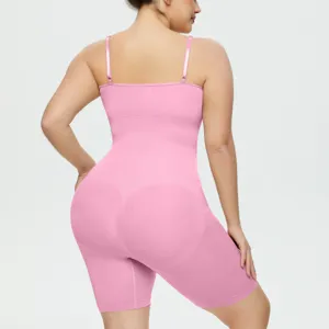 Plus size pink seamless postpartum body shaper back view detail showing tummy control effect.