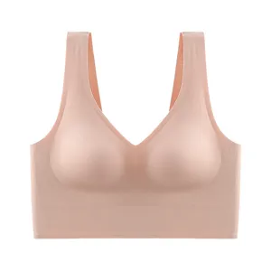 Seamless sports bra for women, comfortable v-neck wide strap padded yoga underwear top.