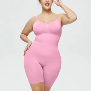 Pink seamless plus size full body shaper detail, cami strap tummy control shaping wear.