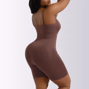Detail view of brown seamless full-body shapewear, showing tummy control and lift design.