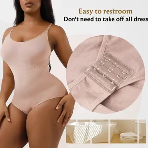 Seamless plus size body shaper shapewear bodysuit detail view showing crotch hook closure.